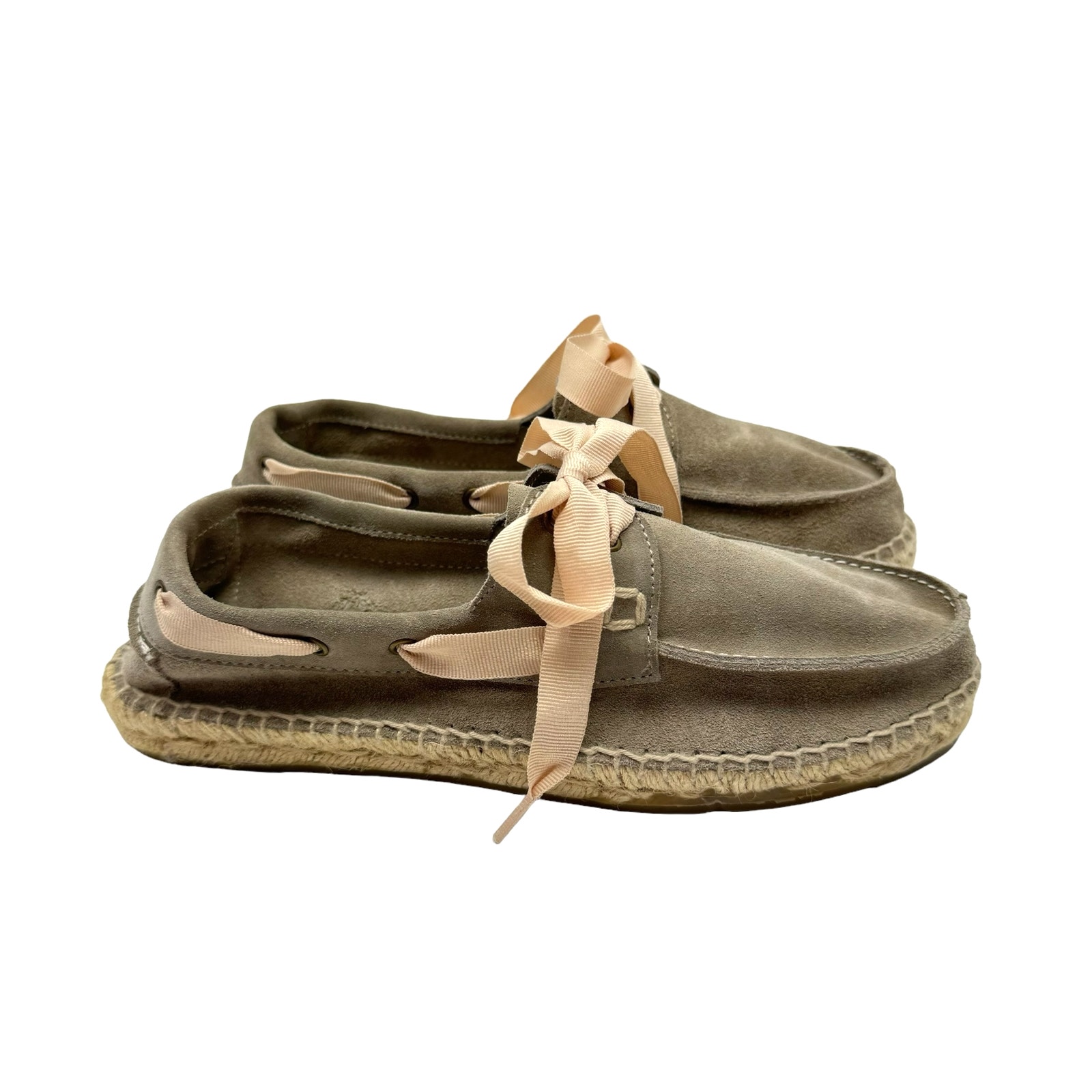 Manebi Nwb Hamptons Taupe Suede Leather Ribbon Tie Slip On Casual Boat Shoes — image 6 of 8